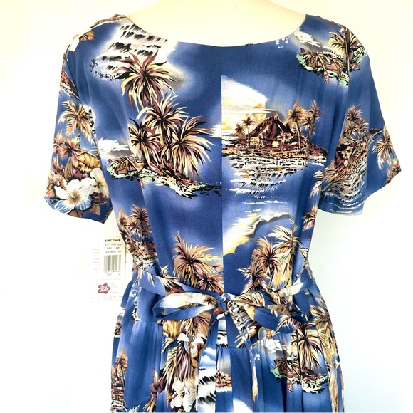 HILO HATTIE VTG NEW! BLUE HAWAII EMPIRE TIE-BACK MIDI SHORT SLEEVE DRESS SzL - Picture 5 of 14